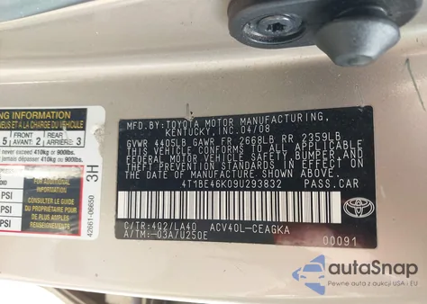 2009 Toyota Camry Xle z USA, uszkodzony, nr VIN 4T1BE46K09U293832